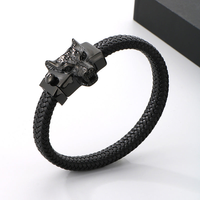 Planderful Mens Leather Wolf Head Bracelet Punk Style