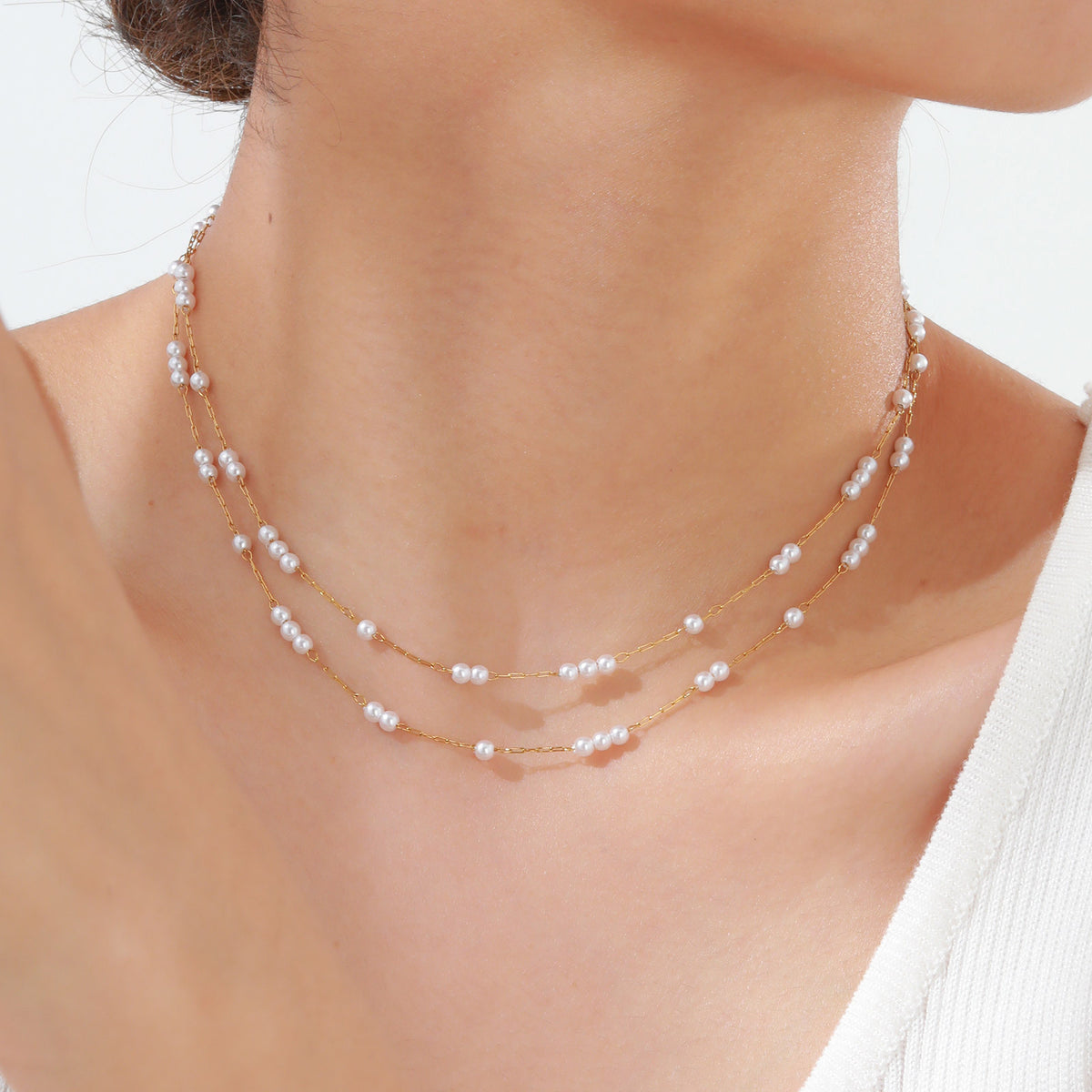 Ladies Stainless Steel Imitation Pearl Double Layer Stacked Gold Necklace