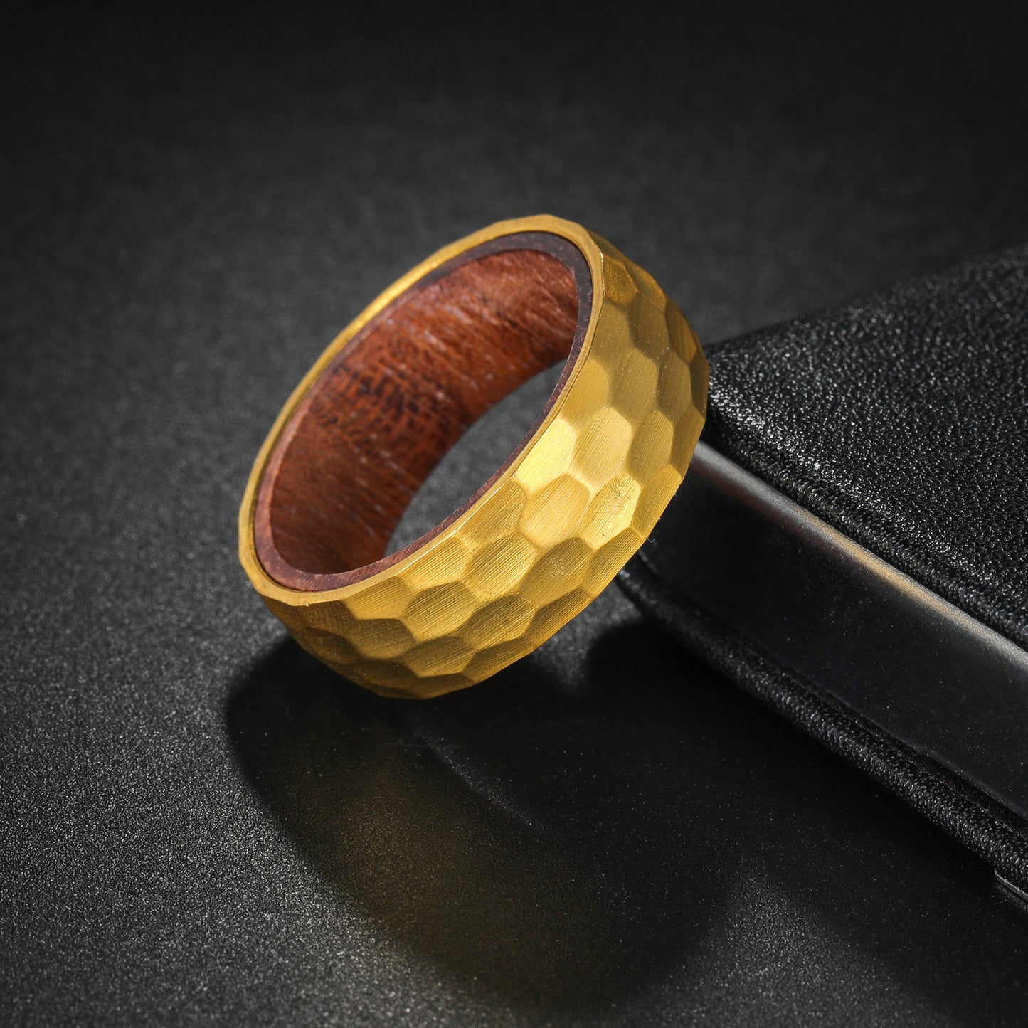 Planderful Everyday Genie Titanium Steel Ring With Pear Wood Inlay 8mm Beating Pattern Unisex For Men