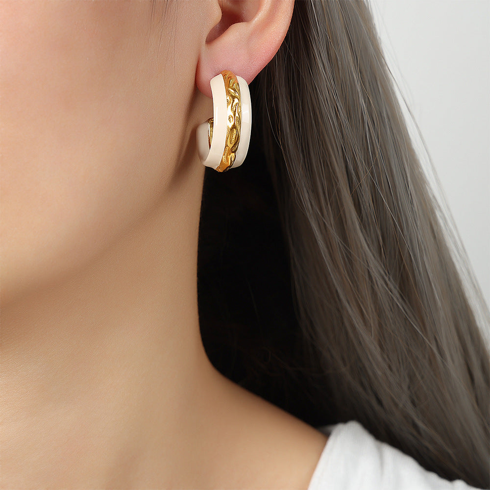 Exaggerated Retro Titanium Steel Earrings with Gold-Plated Semi-Circular Glaze