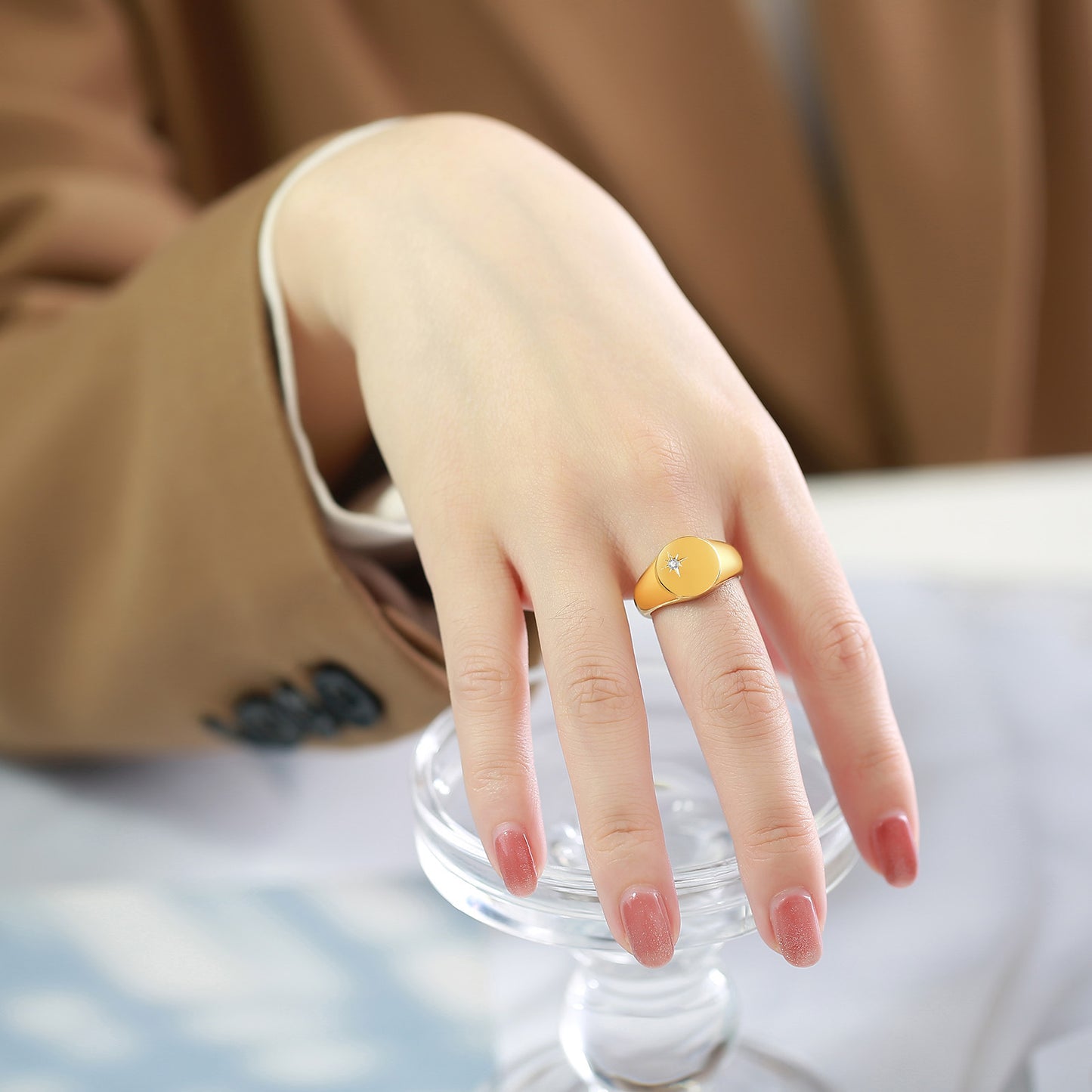 Stainless Steel Single Zircon Geometric Ring Gold Ladies