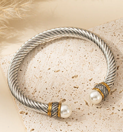 Planderful Stainless Steel Wire Rope Pearl Bracelet For Women Opening Clasp Elegant Everyday Genie Jewelry