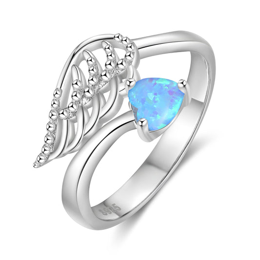 Planderful Jewelry Opal Ring In Sterling Silver With Blue Heart Opal And Leaf Shaped Adjustable Opening