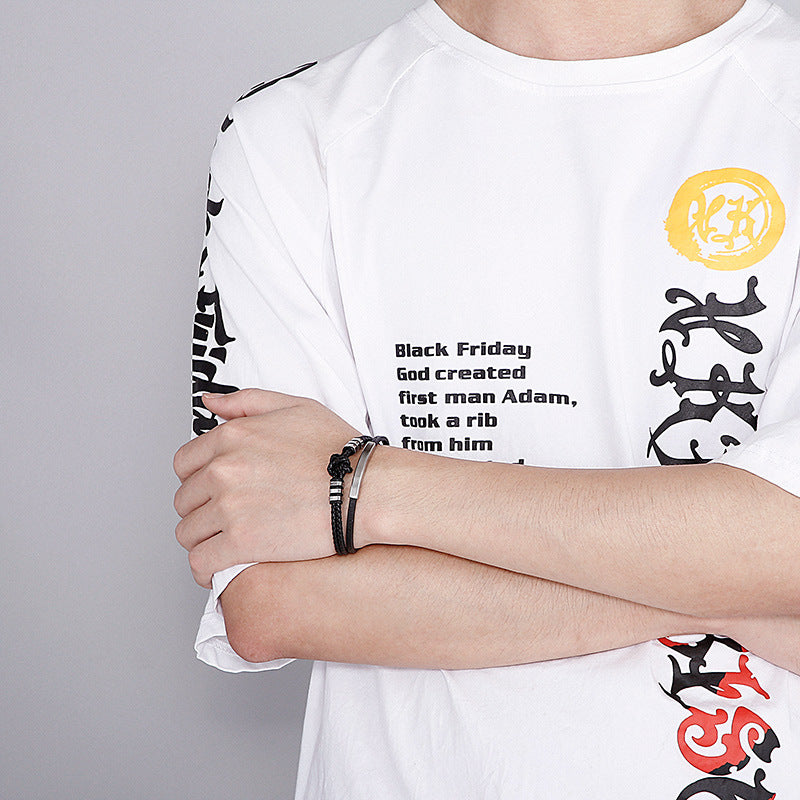 Planderful Handwoven Mens Leather Rope Bracelet Stainless