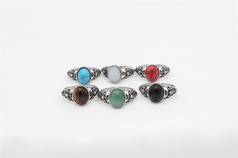 Planderful Titanium Steel Ring For Men Unisex Retro Cross Flower Oval Stone Durable