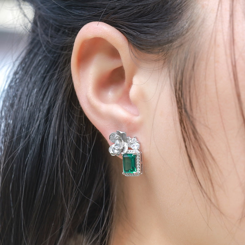 S925 Sterling Silver Lab-Grown Emerald Flower Stud Earrings