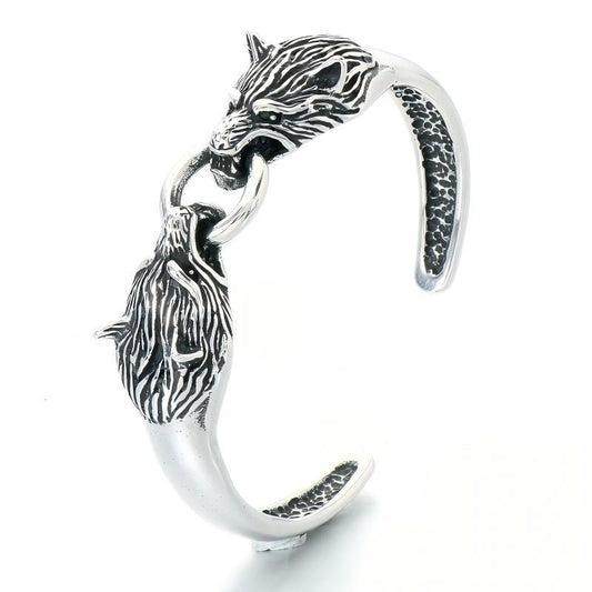 Antique Casting Animal Bracelet Punk Double Wolf Head Layered C-Type Stainless Steel Men's