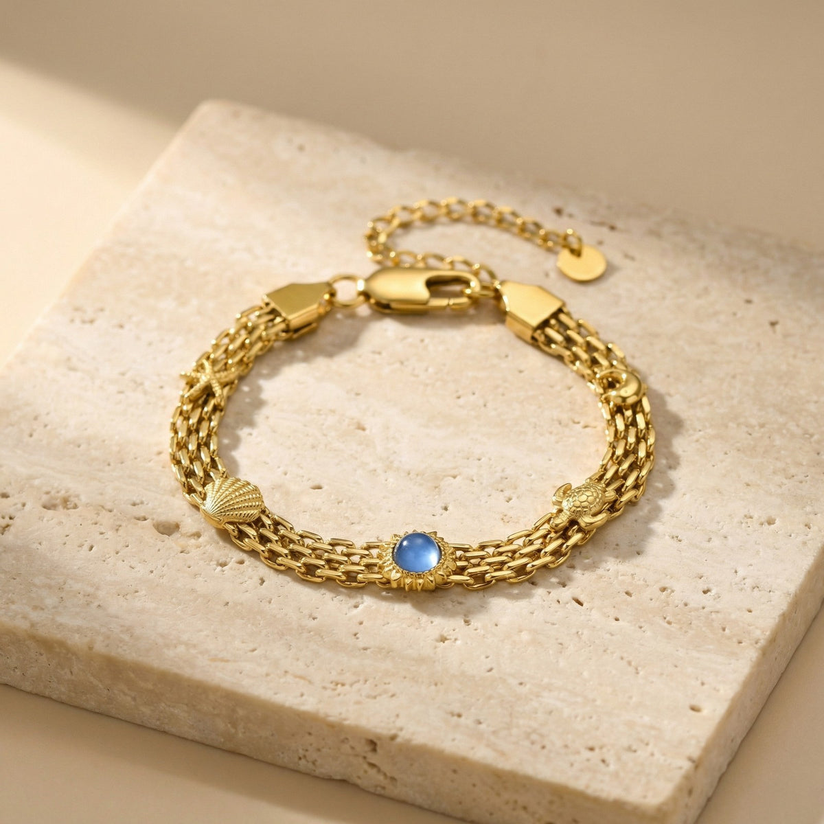 Ocean-Inspired Stainless Steel Mesh Strap Starfish Turtle Sun Natural Blue Chalcedony Bracelet