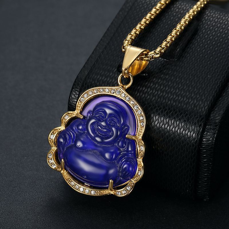Planderful Maitreya Buddha Pendant Necklace Unisex Gold Plated Titanium Steel Zircon Malay Chalcedony Resin Glazed