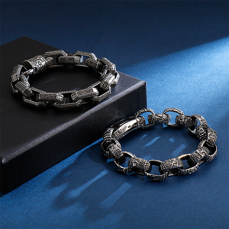 Antique Square Buddha Head Titanium Steel Men's Bracelet