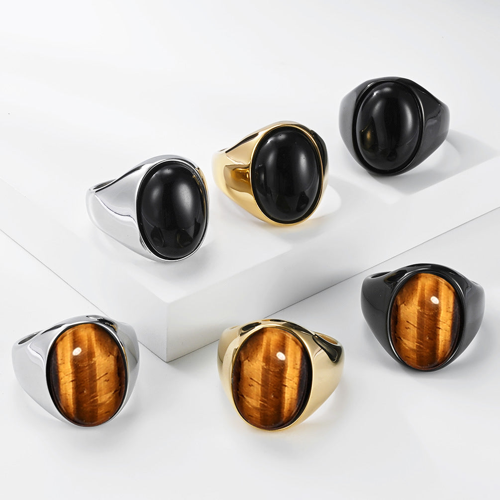 Planderful Everyday Genie Titanium Steel Tiger Eye Ring For Men Oval Inlaid Stone