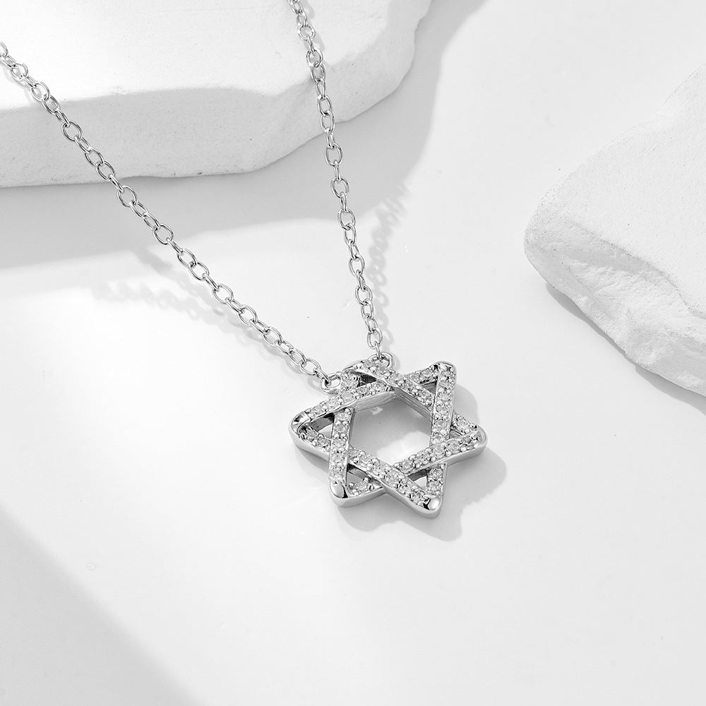 S925 Sterling Silver Hexagram Pendant Necklace Micro-Inlaid Zircon Personality Geometric Symbol