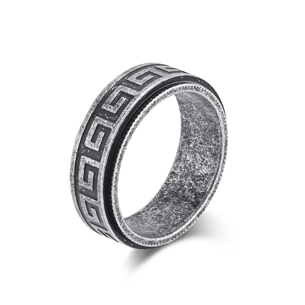 Planderful Rotatable Decompression Ring For Men With Retro Great Wall Pattern In Titanium Steel