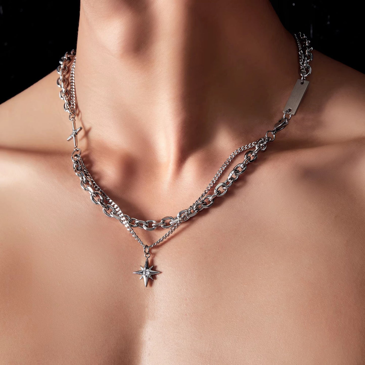 Planderful Jewelry Titanium Steel Double Chain Necklace With Cross And Star Pendant