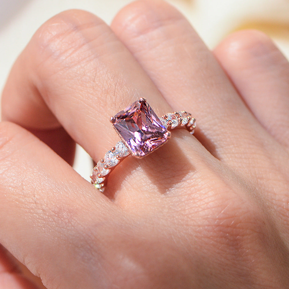 925 Sterling Silver Full Zircon Plated Rose Gold Ring Square Zircon Ring