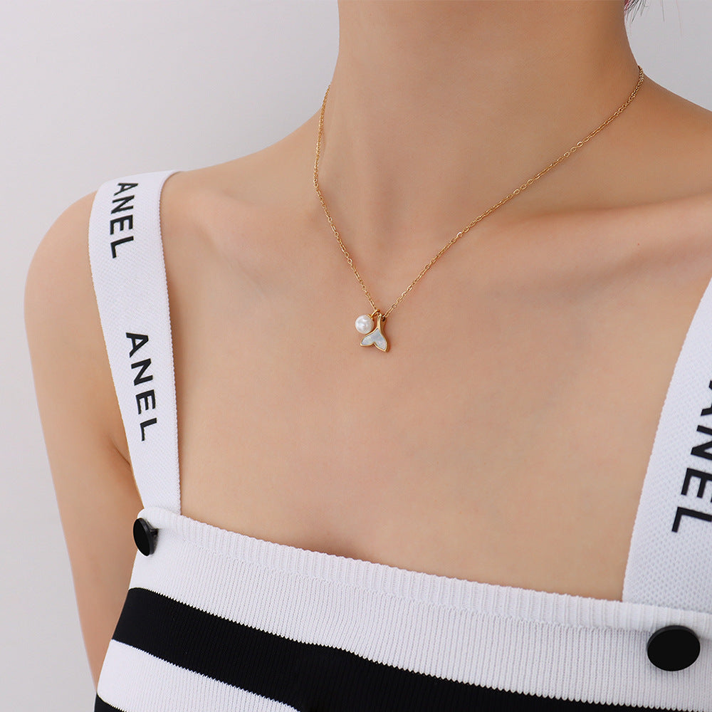 Mermaid Princess Fishtail Pendant Necklace - Imitation Pearl Design