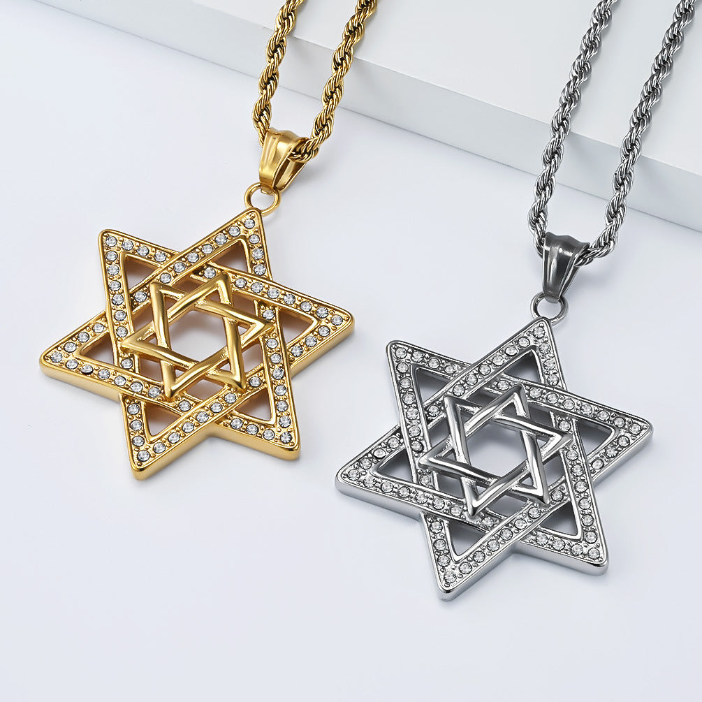 Stainless Steel Zircon Gold-Plated Star of David Necklace