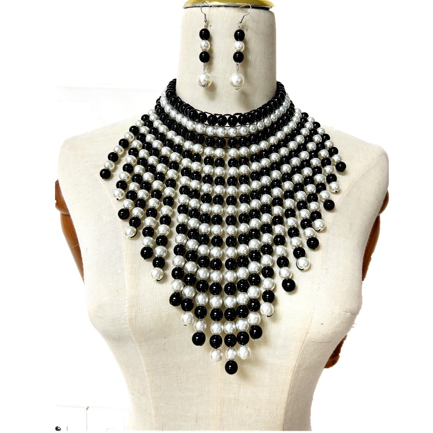 Exaggerated Triangular Scarf Necklace with Multi-layer Tassels and Imitation Pearl Accents