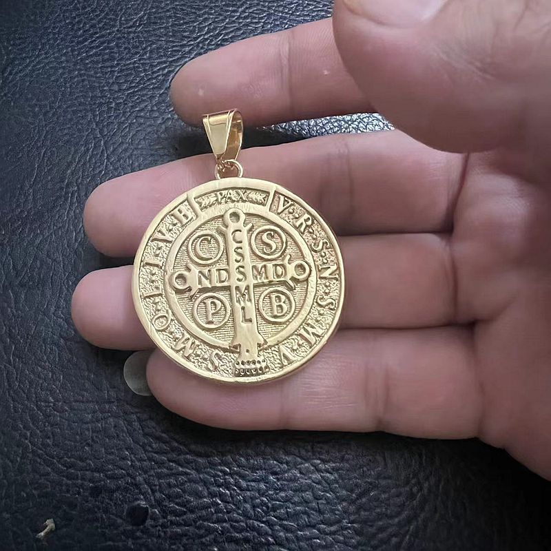 Saint Benedict Exorcism Pendant Necklace By Planderful Titanium Steel Gold Plated For Hip Hop Fans