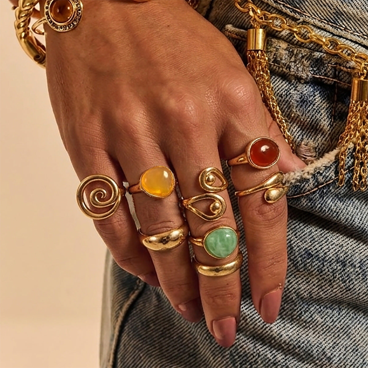 Planderful Vienna Verve Irregular Smudged Stone Ring Set For Women Water Drop Hug Design Statement Jewelry