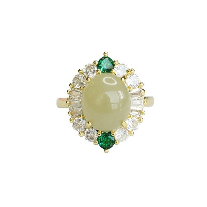 Exquisite Oval Hotan Jade Ring with Luxy Green and White Zircon Halo Features Sterling Silver Craftsmanship Handcrafted for Lasting Beauty and Comfortable Fit.