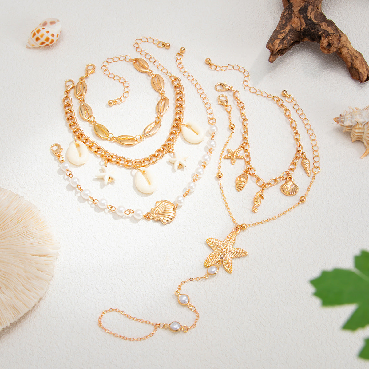 Ocean-Style Shell Tassel Finger Bracelet Vacation Seahorse And Starfish Shape Layered Pearl