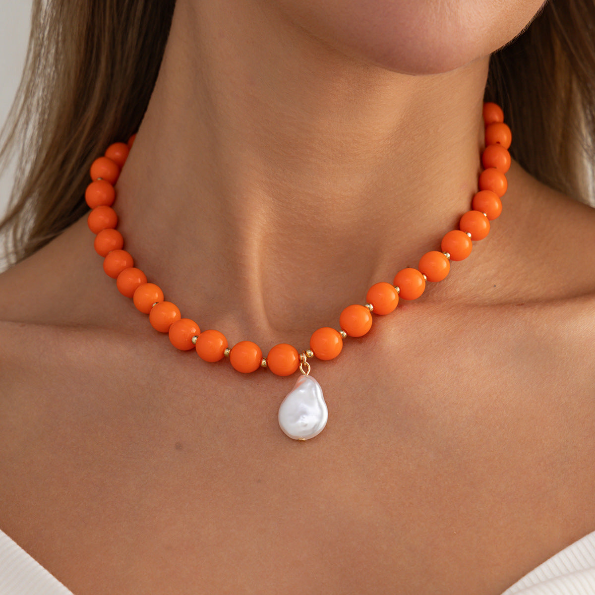 Colored Round Beads Pearl Necklace Dopamine Beaded Holiday Wind Necklace