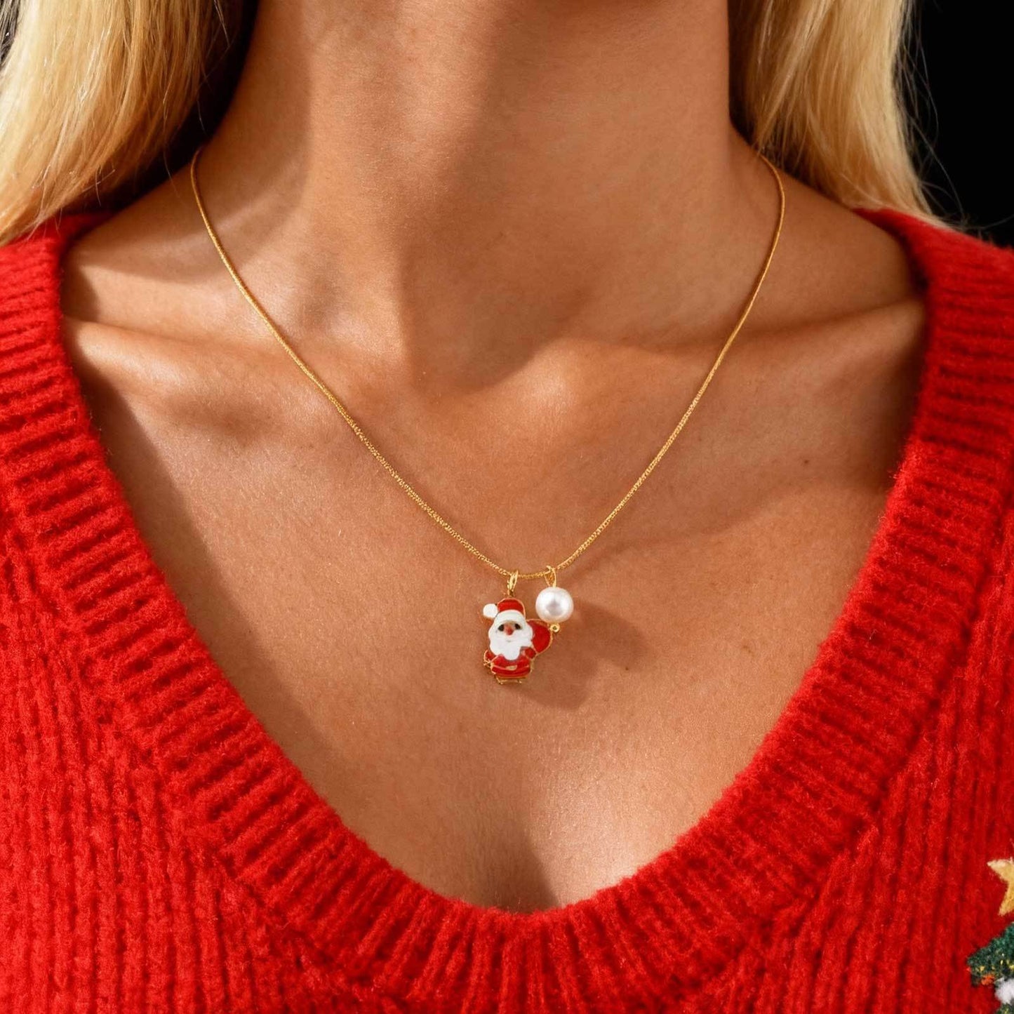 Stainless Steel Christmas Bells Santa Holiday Collection Girl Ornaments Pearl Necklace