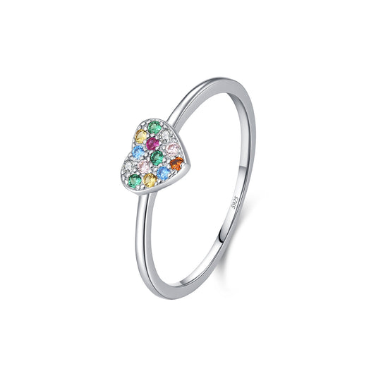 925 Sterling Silver Bow Heart Rainbow Zircon Ring