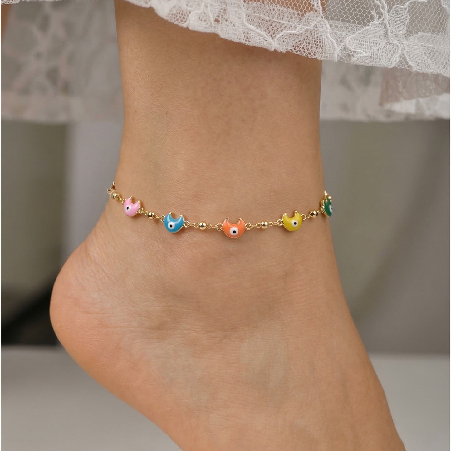 Stainless Steel Bead Chain Copper Epoxy Colored Moon Necklace