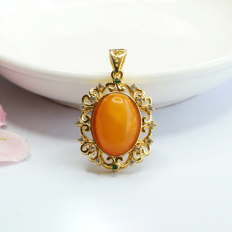 Golden Hollow Amber Pendant with Zircon Necklace crafted from Pigeon Egg Amber Surely a Treasure