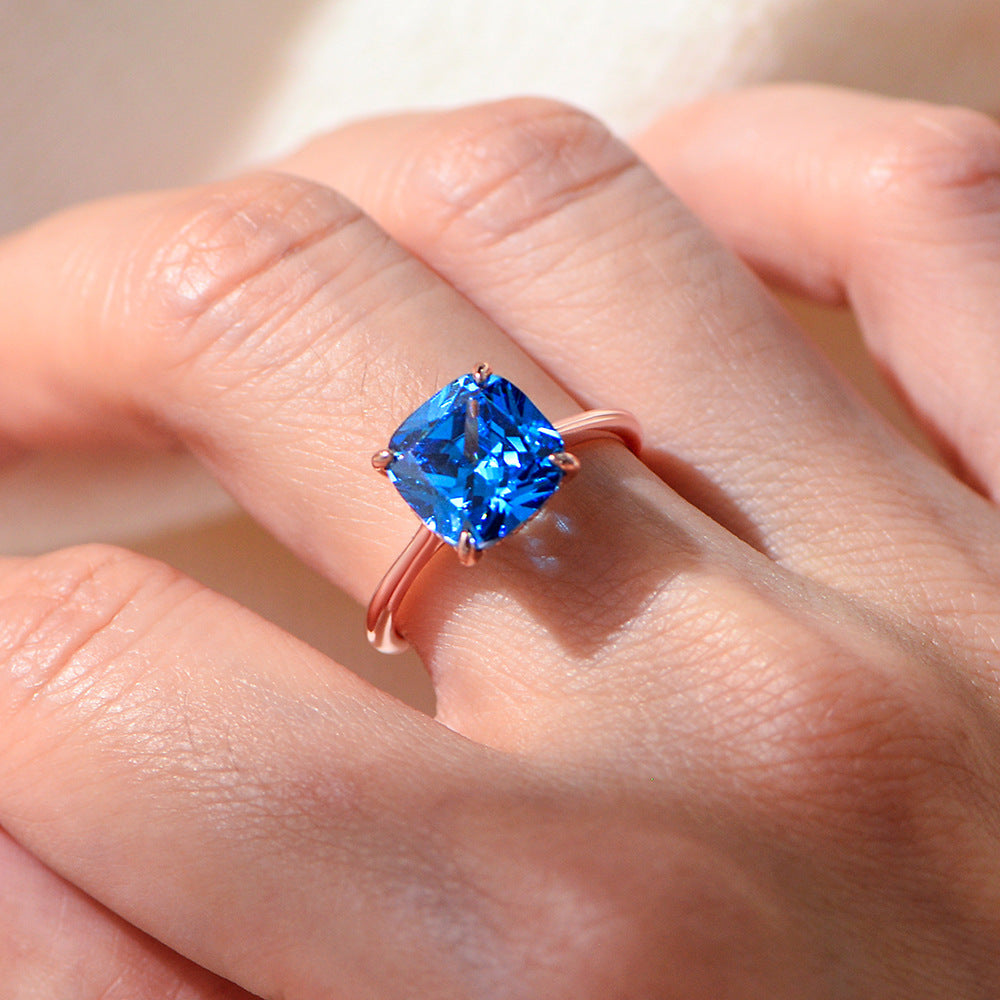 Blue Pillow-Shaped 10 Zircon Sterling Silver-Plated Rose Gold Ring Luxury Color Treasure Quality