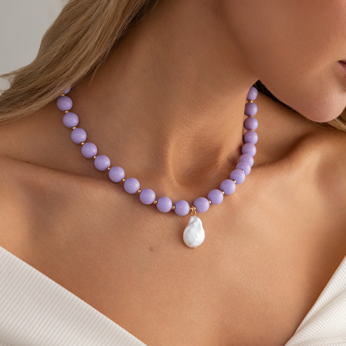 Colored Round Beads Pearl Necklace Dopamine Beaded Holiday Wind Necklace