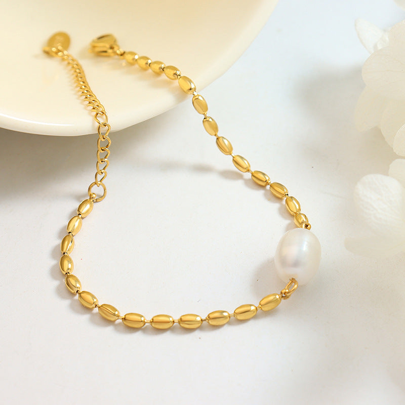 Korean Freshwater Pearl and Metal Chain Bracelet with Rice Beads - Elegant and Timeless Jewelry Piece