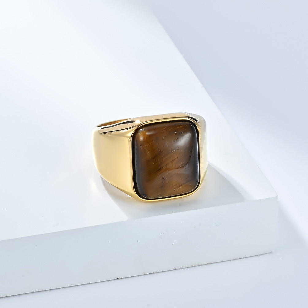 Planderful Men Tiger Eye Ring Natural Square Stone Stainless Steel Premium High End Jewelry