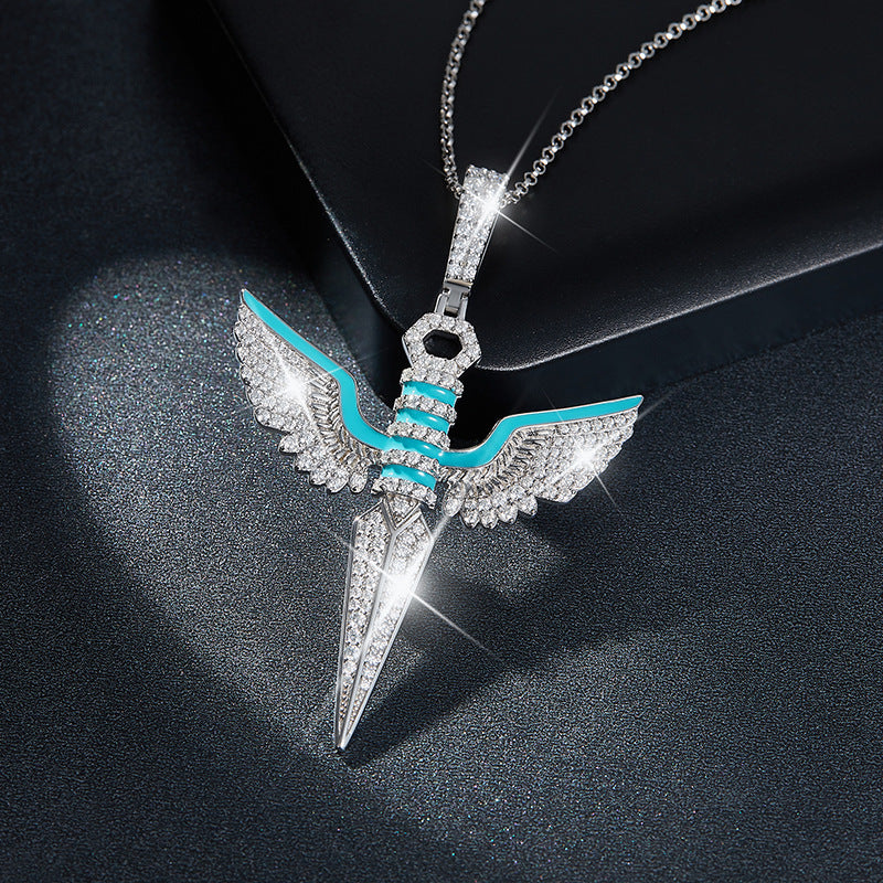 Planderful Unisex Moissanite Angel Wings Dagger Necklace Full Moissanite Blue Enamel S925 Silver Sparkling