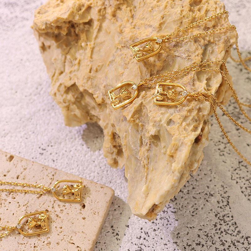 Korean Rose Zircon Geometric Copper Necklace with Short Chain