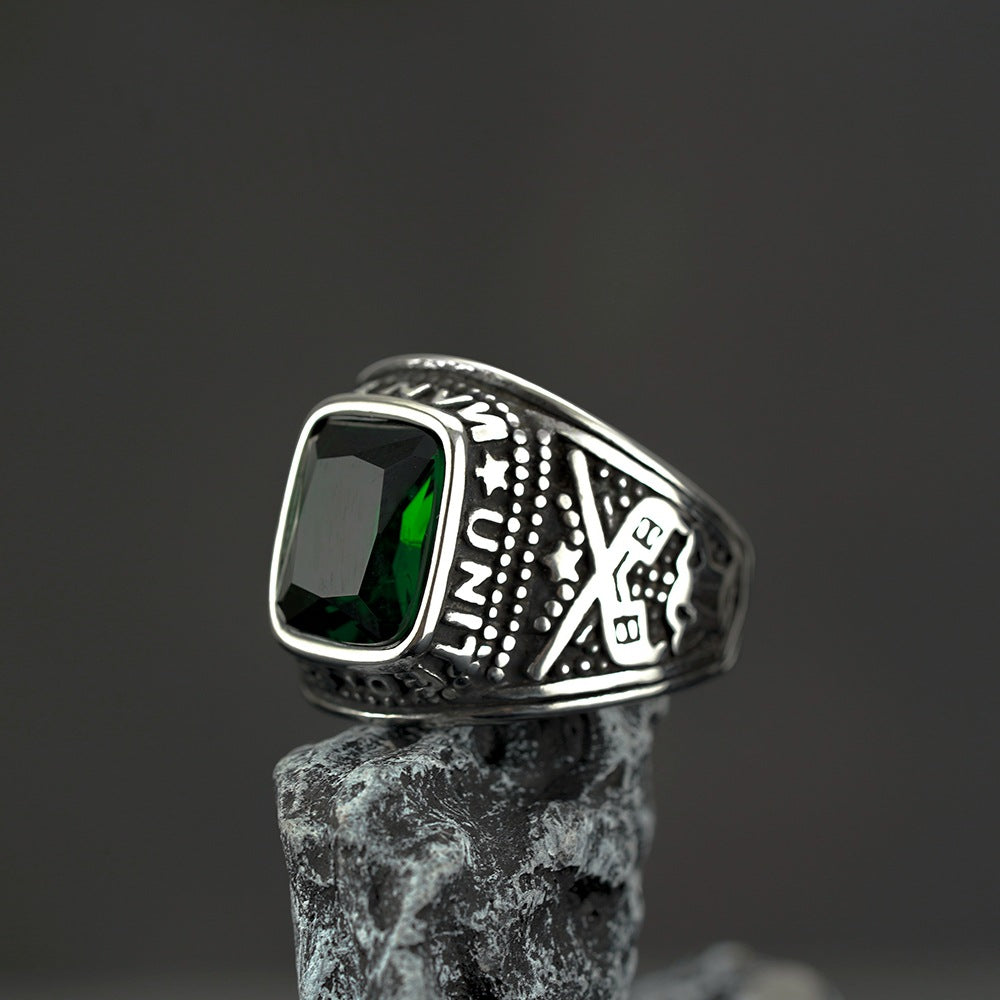 European And American Retro Jewelry Stainless Steel Ring Men's Hip-Hop Style Green Stone Personality Ring