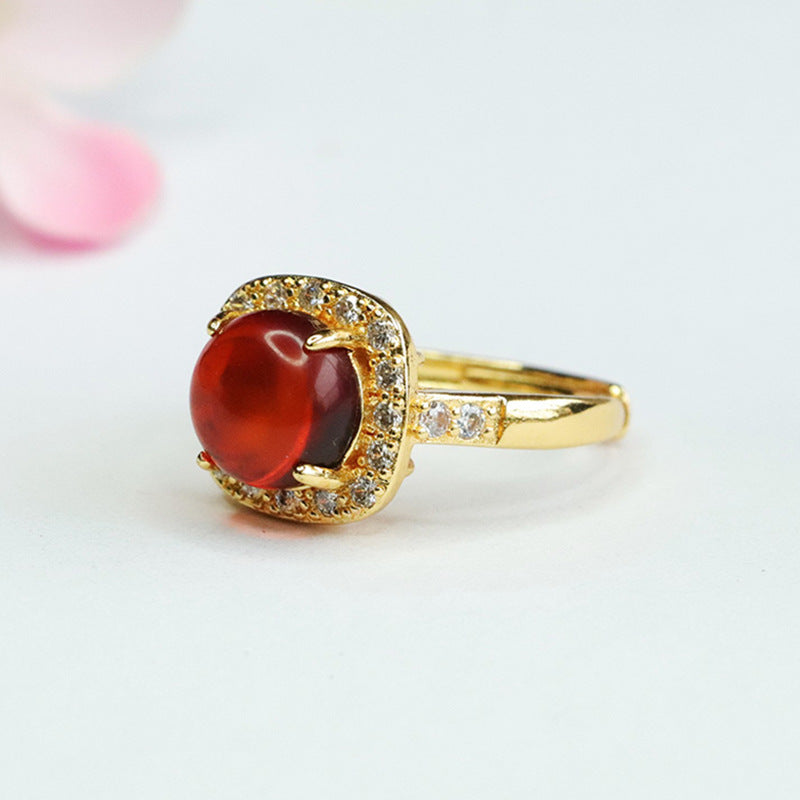 Round Blood Amber Ring with Zircon Halo Jewelry