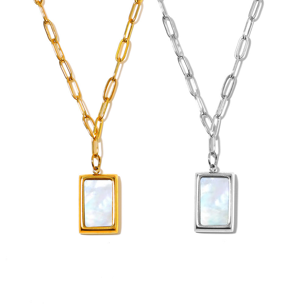 Elegant French Style White Sea Shell Square Pendant Necklace