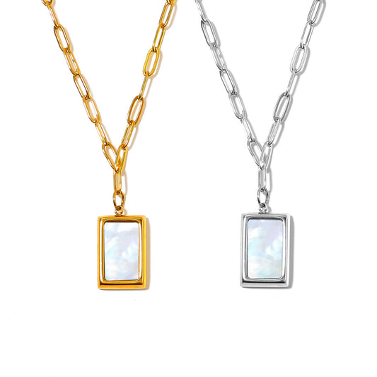 Elegant French Style White Sea Shell Square Pendant Necklace