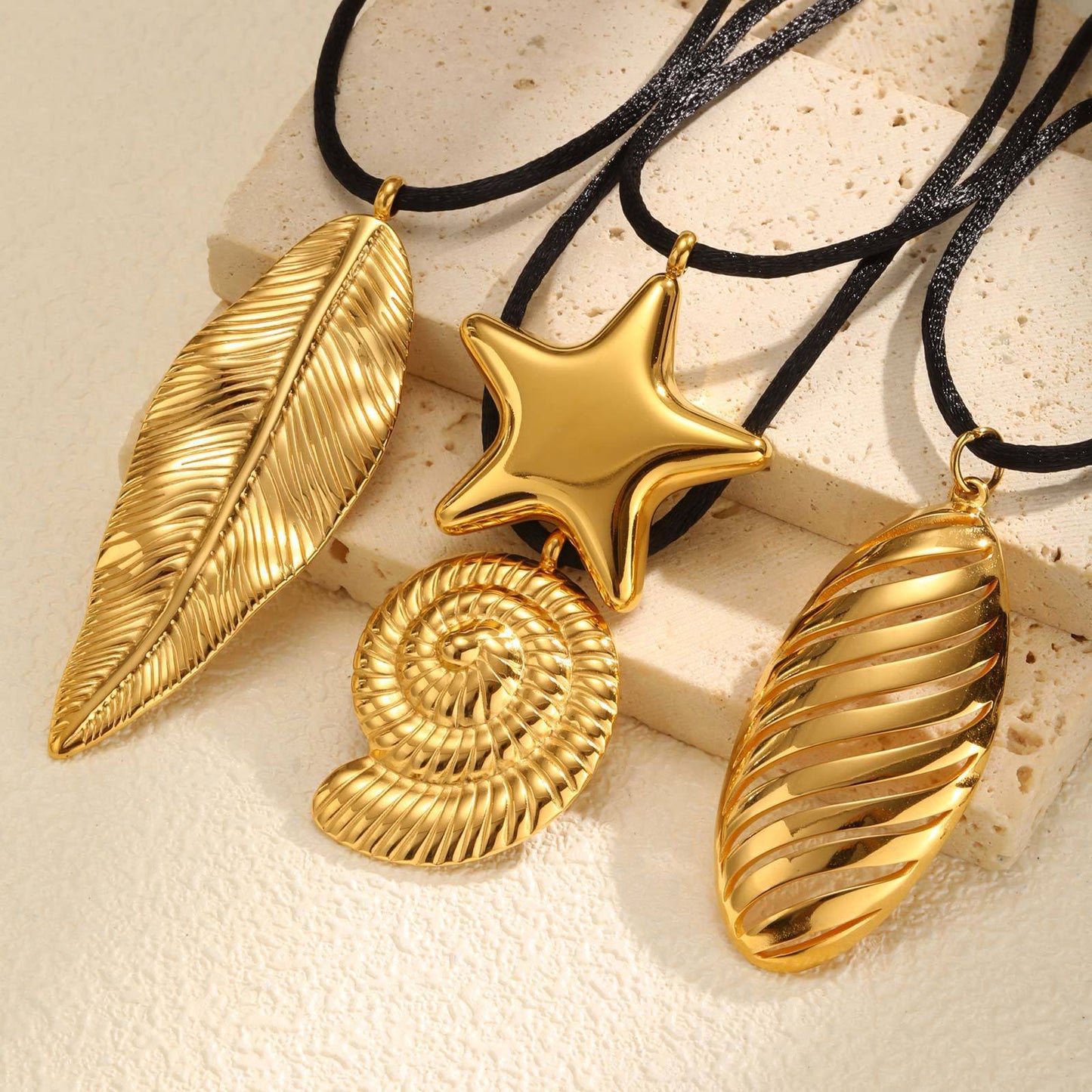 Titanium Steel – Stainless Steel Geometric Oval Pentagram Conch Leaf Pendant Necklace Gold
