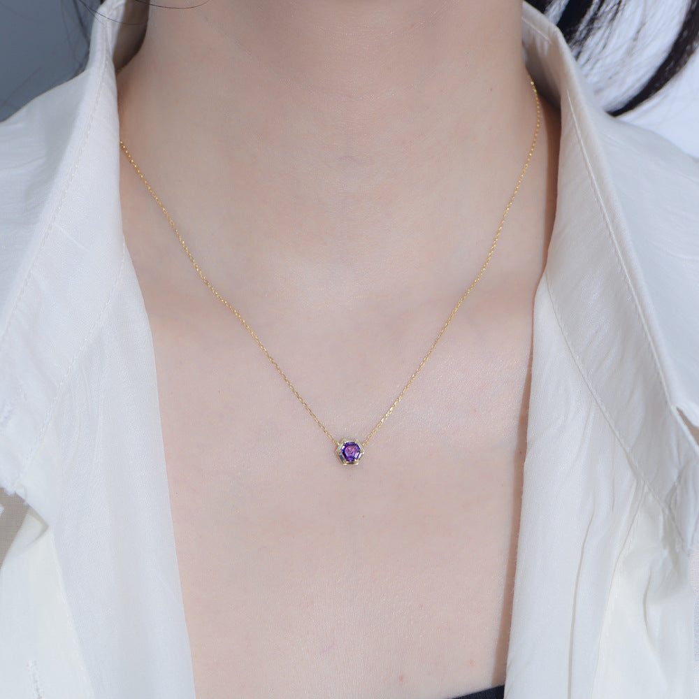 925 Pure Silver Hexagonal Amethyst Zircon Pendant Necklace, Geometric Colored Gemstone