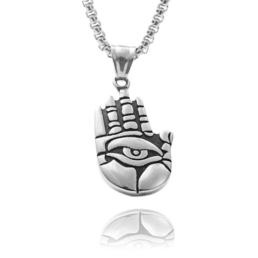 Personalized Titanium Steel Bergamot Eye and Buddha Hand Pendant Necklace for Men - Retro Punk Trendy Design