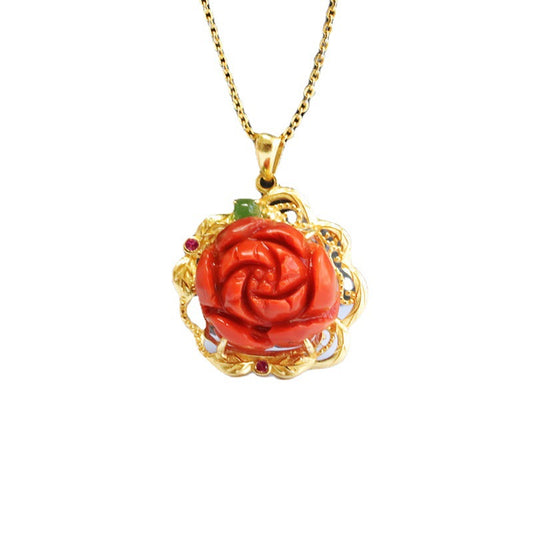 Southern Red Agate Peony Flower Necklace crafted in Sterling Silver