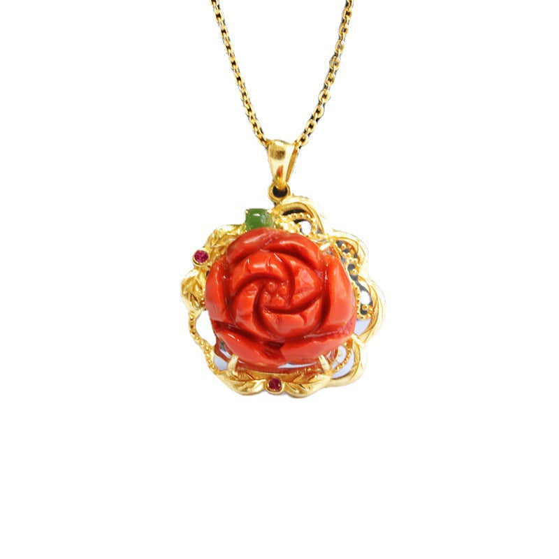 Baoshan Nanhong Agate Peony 925 Silver Pendant — No Chain