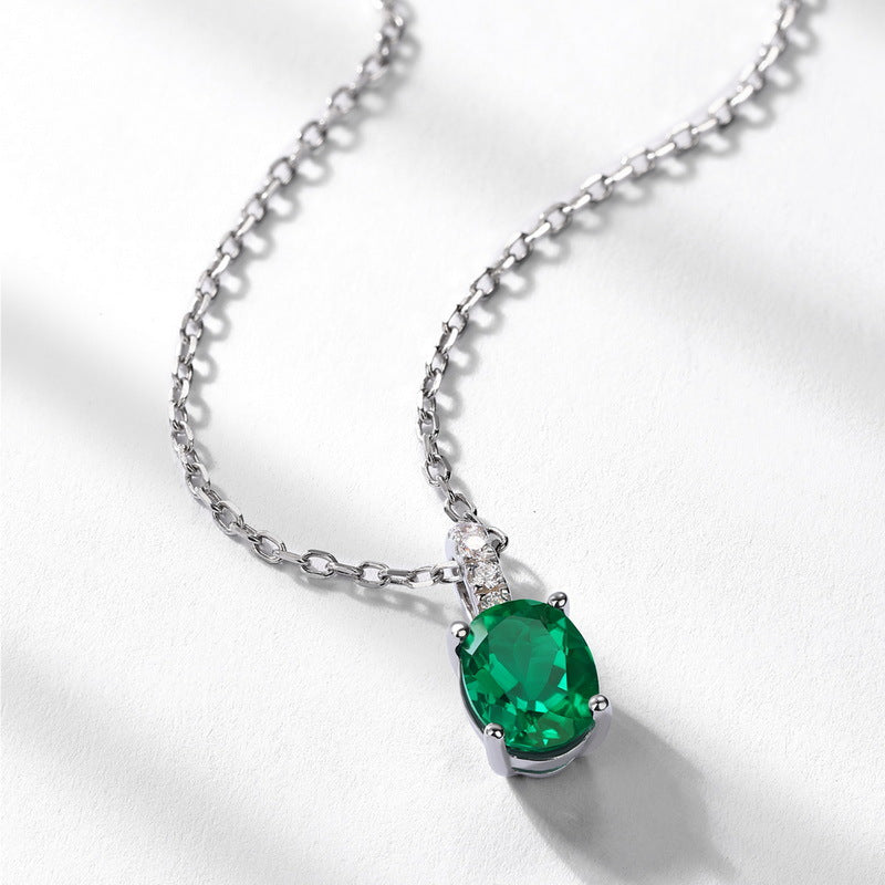 S925 Sterling Silver Lab-Grown Emerald Oval Vintage-Inspired Necklace