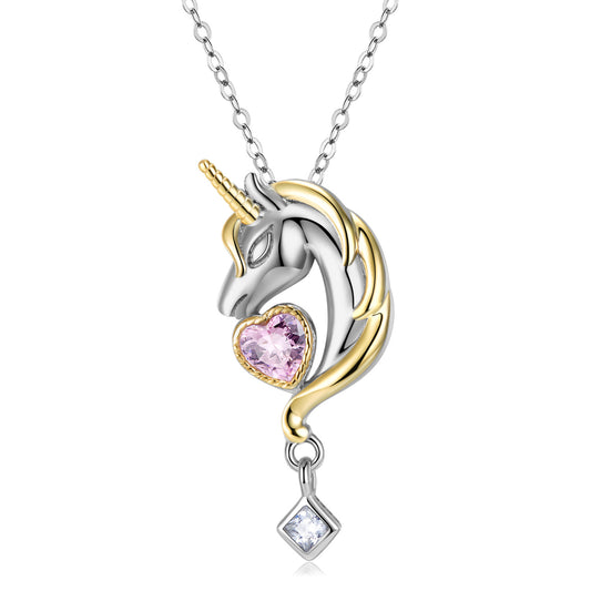 Unicorn Heart Shape Pink Zircon Silver Necklace