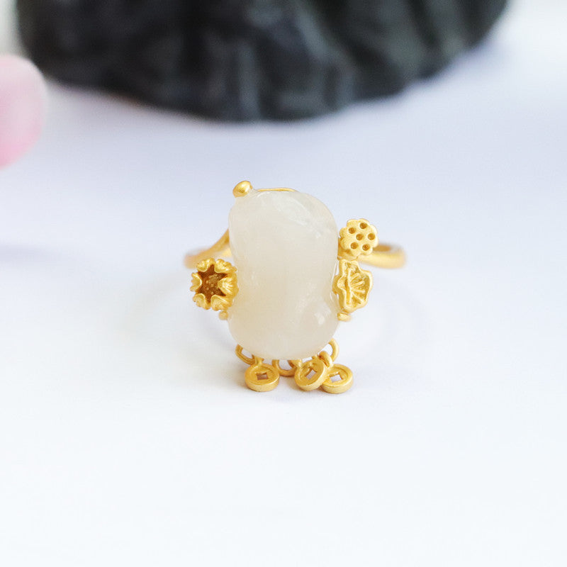 925 Sterling Silver White Hetian Jade Pixiu Ring