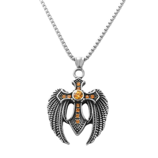 Trendy Men's Retro Titanium Steel Cross Pendant Necklace with Wing Design